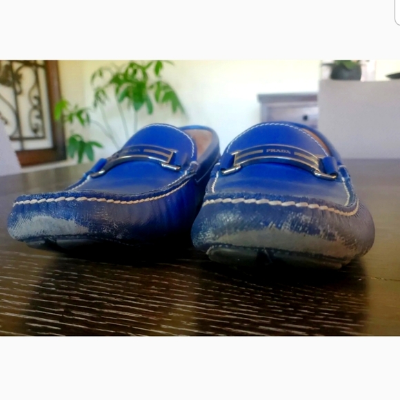 PRADA MENS BLUE LEATHER LOAFERS Saffiano SHOE SIZE 7.5 Prada Logo - Picture 2 of 8